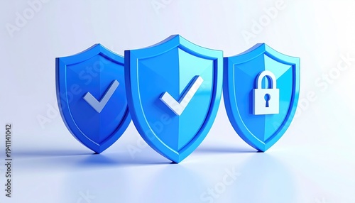 Free Download Three blue shields on a white gradient background, one with a lock and two with checkmarks - GFXLoad