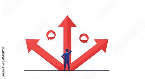Businessman stands confused at a major intersection facing three distinct paths or future choices