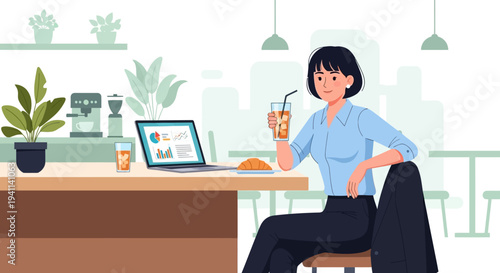 Young woman working on laptop in cafe, drinking iced coffee, business lifestyle