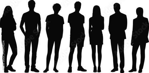 Set of black silhouettes of business men and women standing in formal office suits isolated on white background for corporate team vector design