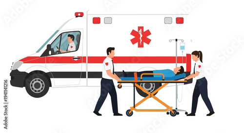Paramedics transporting an injured patient on a stretcher into a waiting ambulance for emergency medical care.