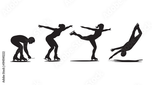 Figure Skater Silhouette Sequence Skating and Falling Isolated on White Vector Illustration