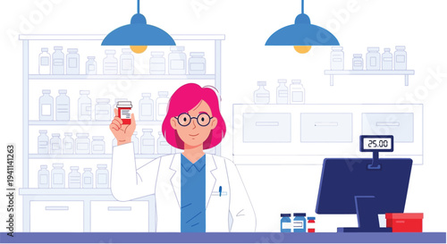 Professional female pharmacist holding a medicine bottle while confidently standing behind a pharmacy counter.