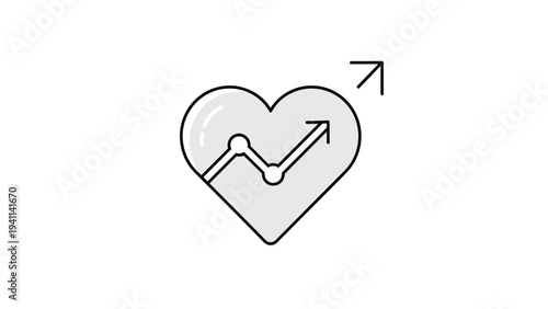 Line art icon featuring a heart shape containing an upward-trending line graph, with an additional upward arrow, symbolizing health progress or passion growth.