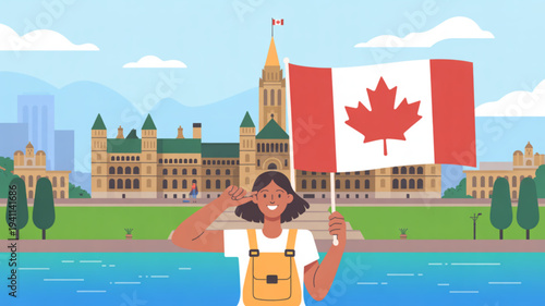 Woman holding canadian flag in front of parliament hill ottawa smiling and waving sunny day with blue sky and clouds
