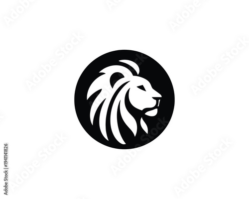Lion Head Profile Logo Silhouette in Circle Majestic Animal Symbol for Strength and Courage