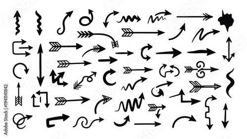 A collection of black arrows and symbols on a white background