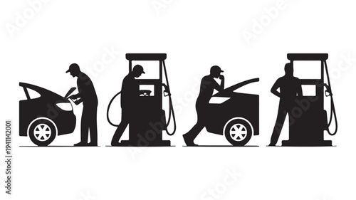 Gas Station People Refueling Car and Checking Engine Silhouette Vector