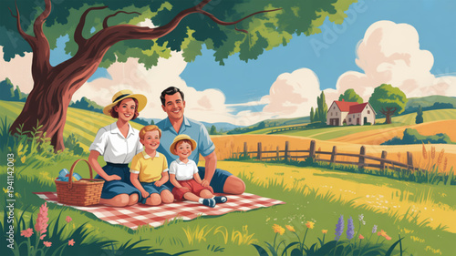 Family of four having a picnic on a blanket under a tree in a green field with a house in the background on a sunny day