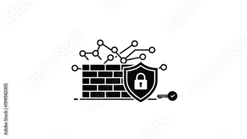 Black and white icon depicting a brick wall with a shield, padlock, and connected network, symbolizing a robust firewall or network security.