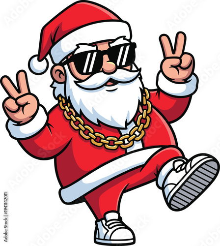 Cool hip hop Santa Claus character wearing sunglasses and gold chains dancing with peace signs isolated on white background for Christmas
