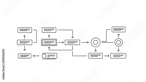 Complex line art icon illustrating a detailed flowchart with rectangular and circular nodes connected by arrows, representing an intricate process workflow.