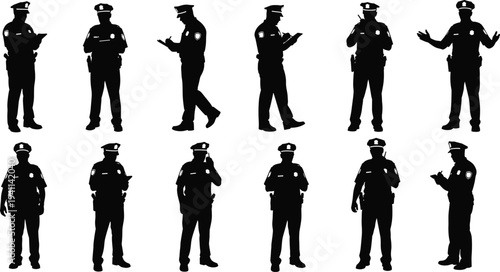 Set of police officer silhouettes in various professional poses including writing tickets and using radios isolated on a white background