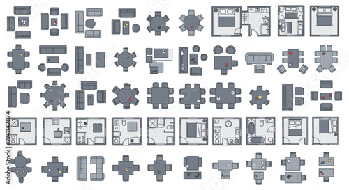 detailed architectural floor plan icons and furniture layout symbols illustrating various residential interior designs for property development