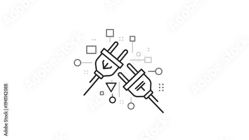 Line art icon depicting two interlocking electrical plugs with abstract geometric patterns, symbolizing connection, integration, or digital interface.