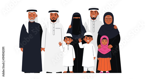 Diverse multigenerational arab family standing together wearing traditional clothing and smiling warmly