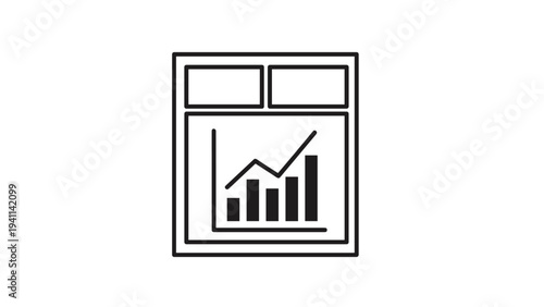 Line art icon of a browser window or document displaying an upward-trending bar and line graph, representing data visualization or online analytics.