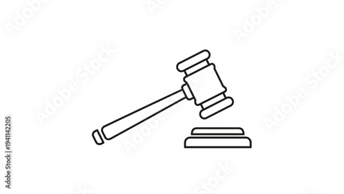 Simple line art icon depicting a gavel and its accompanying sound block, symbolizing justice, legal proceedings, law, or an auction.