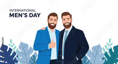 Two professional bearded men in suits celebrating international men's day with friendship and support