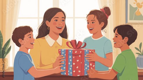 Smiling family members exchanging wrapped gifts at home with happiness and excitement on their faces