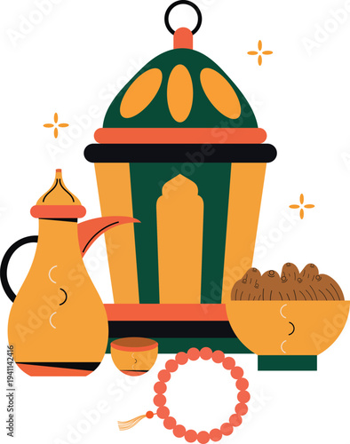 Ramadan Kareem Islamic Lantern, Dates, Coffee Pot, and Prayer Beads