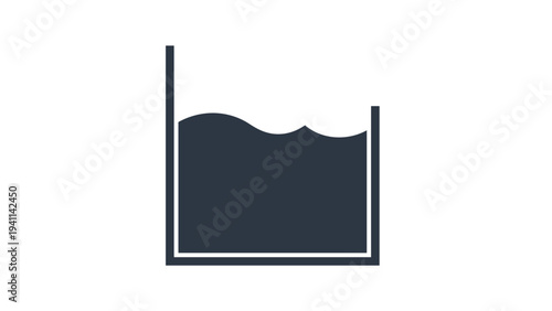 Black and white icon depicting a simple square beaker filled with liquid, symbolizing a measured volume, chemical solution, or container.