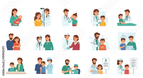 Collection of vibrant illustrations showcasing pediatric healthcare professionals interacting with young patients during medical examinations and care.