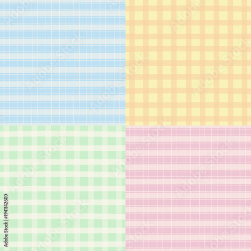 Four set of pastel background designs with checked pattern for wallpaper, backdrop, ad template, frame, paper design, poster, postcard, sticky note, plaid fabric print, textile, garment, clothes