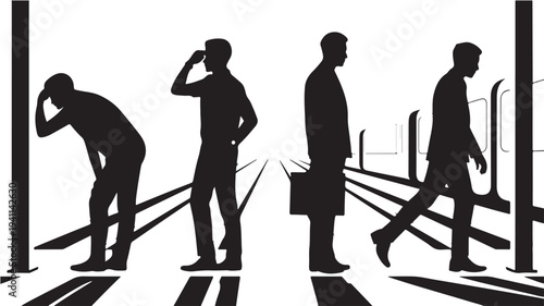 Commuters Silhouettes Waiting Walking on Train Station Platform