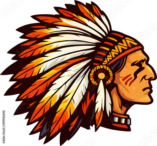 Native American Indian Chief Profile Vector Illustration — Warrior with Orange Red Feather War Bonnet Headdress and Tribal Face Paint Mascot Logo