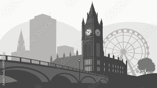 Foggy Manchester Skyline with Clock Tower and Ferris Wheel Morning Photography