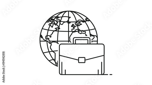 Linear design icon of a globe with a briefcase and a dashed line, symbolizing global business expansion, international career paths, or extensive worldwide networking.