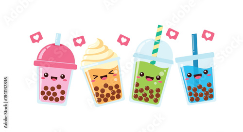 Adorable colorful bubble tea characters with boba and social media heart icons
