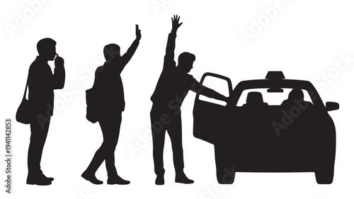 Passengers Hailing Taxi and Boarding Vehicle, Isolated Black Silhouette
