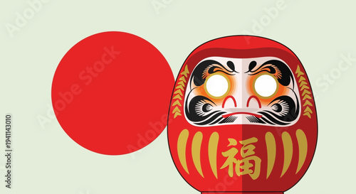 Japanese Daruma Doll and Red Sun Symbol