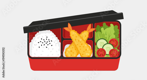 Japanese Bento Box Lunch with Rice, Shrimp Tempura, and Salad