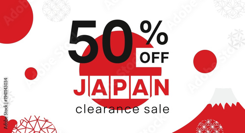 Japan Clearance Sale Banner with 50% Off Discount and Mount Fuji Illustration