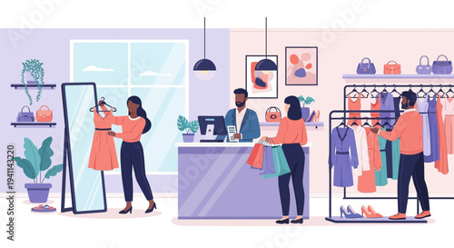 Customers Shopping in a Clothing Store with Salesperson.