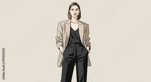 Elegant woman in blazer and black jumpsuit fashion illustration.