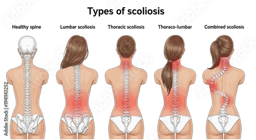 Diagram illustrating various common types of spinal curvature conditions including lumbar and thoracic scoliosis