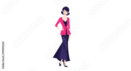 Elegant woman in stylish pink jacket and dark blue skirt.