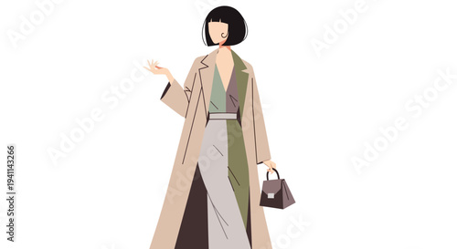 Elegant Woman in Trench Coat with Handbag Fashion Illustration.