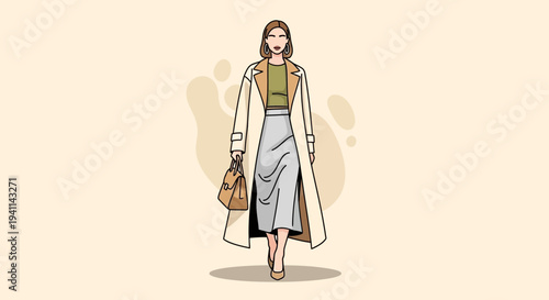 Elegant Woman in Trench Coat Fashion Illustration.