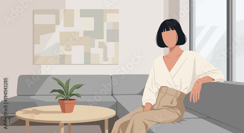 Elegant Woman Sitting on Sofa in Stylish Living Room Illustration.