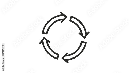 Linear design icon of a circular arrow composed of four individual arrows, representing a continuous cycle, refresh function, or recurring process.
