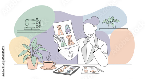 Fashion designer contemplating dog clothing designs in her studio.