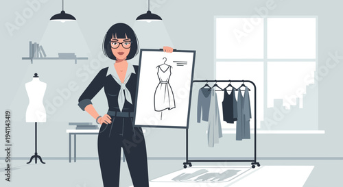 Fashion designer presenting a dress design in her studio 1.