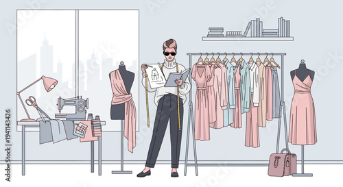 Fashion Designer in Studio Surrounded by Dresses and Mannequins.