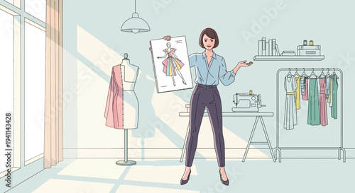 Fashion designer presenting a dress design in her studio.
