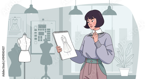 Fashion Designer Reviewing Sketch in Studio with Mannequins and Design Board.